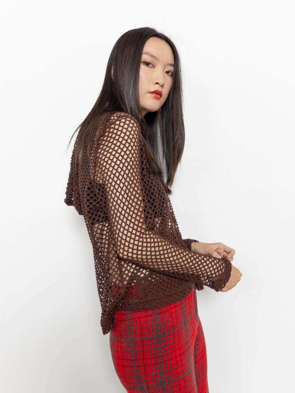 HOODED FISHNET TOP Brown Vintage Long Sleeves Oversize Zip Up / Medium